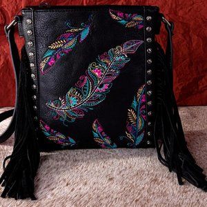 Montana West Concealed Carry Cross Body Bag Purse Black Feather Fringe NEW